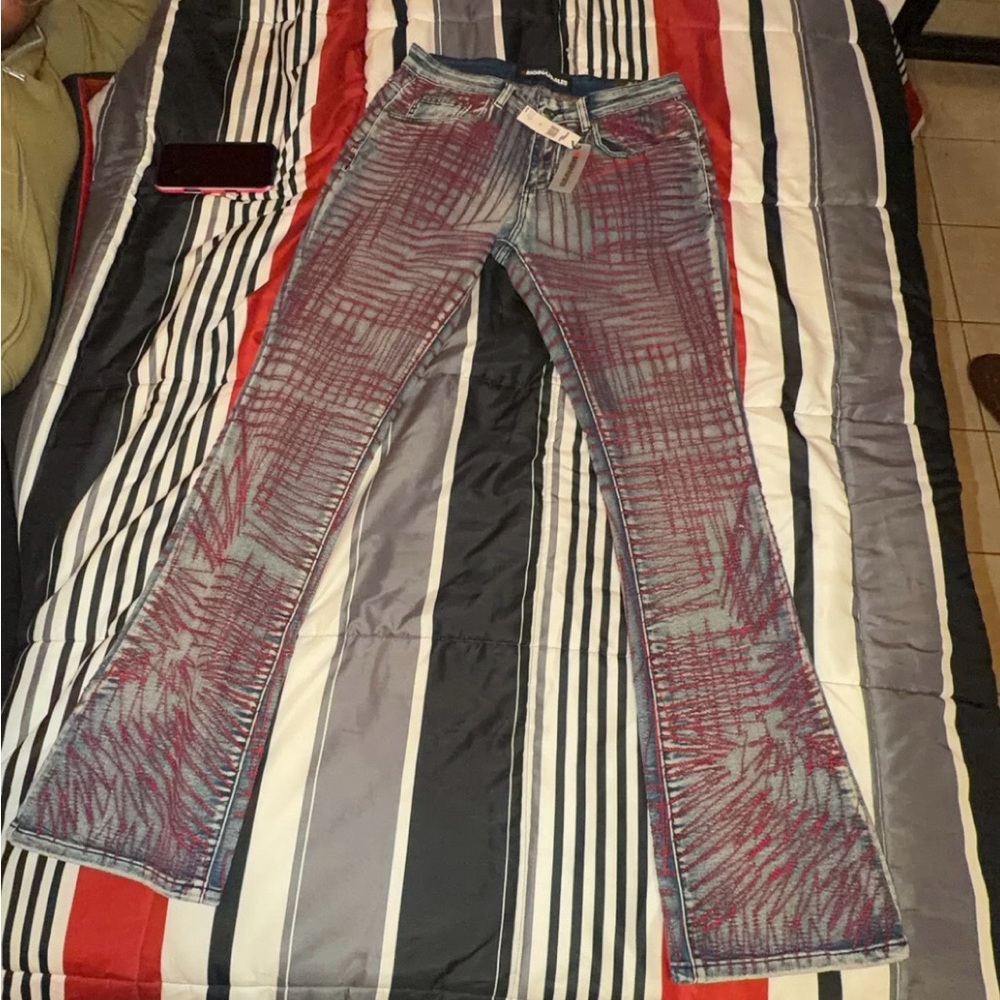 Red Patterned Flared Jeans